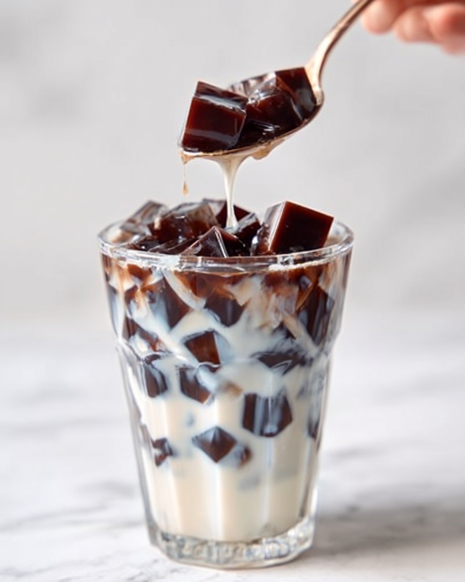 The image shows a clear glass filled with layers of dark brown jelly cubes and white milk. The jelly pieces are square and have a shiny, smooth texture. The milk surrounds and lifts the jelly cubes, mixing light and dark colors in a swirled pattern. A silver spoon holds several jelly cubes above the glass. The glass sits on a white marbled surface with a soft, blurred white background. A woman's hand is barely visible holding the spoon. photo taken with an iphone --ar 4:5 --v 7