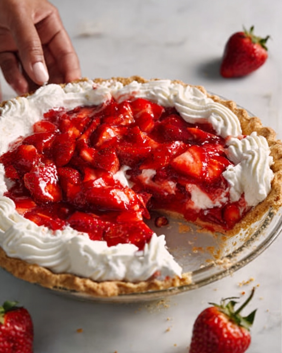 The image shows a white pie filled with bright red strawberry pieces that look fresh and juicy. The pie has a golden brown crust that holds the strawberries inside. Around the edge of the pie, there is a thick, swirled white cream border, soft and smooth in texture. Part of the pie is missing, revealing the shiny, red strawberry juices inside. A woman's hand is reaching from the side, touching the edge of the pie plate. The pie sits on a white marbled surface with a few whole strawberries scattered nearby. Photo taken with an iphone --ar 4:5 --v 7