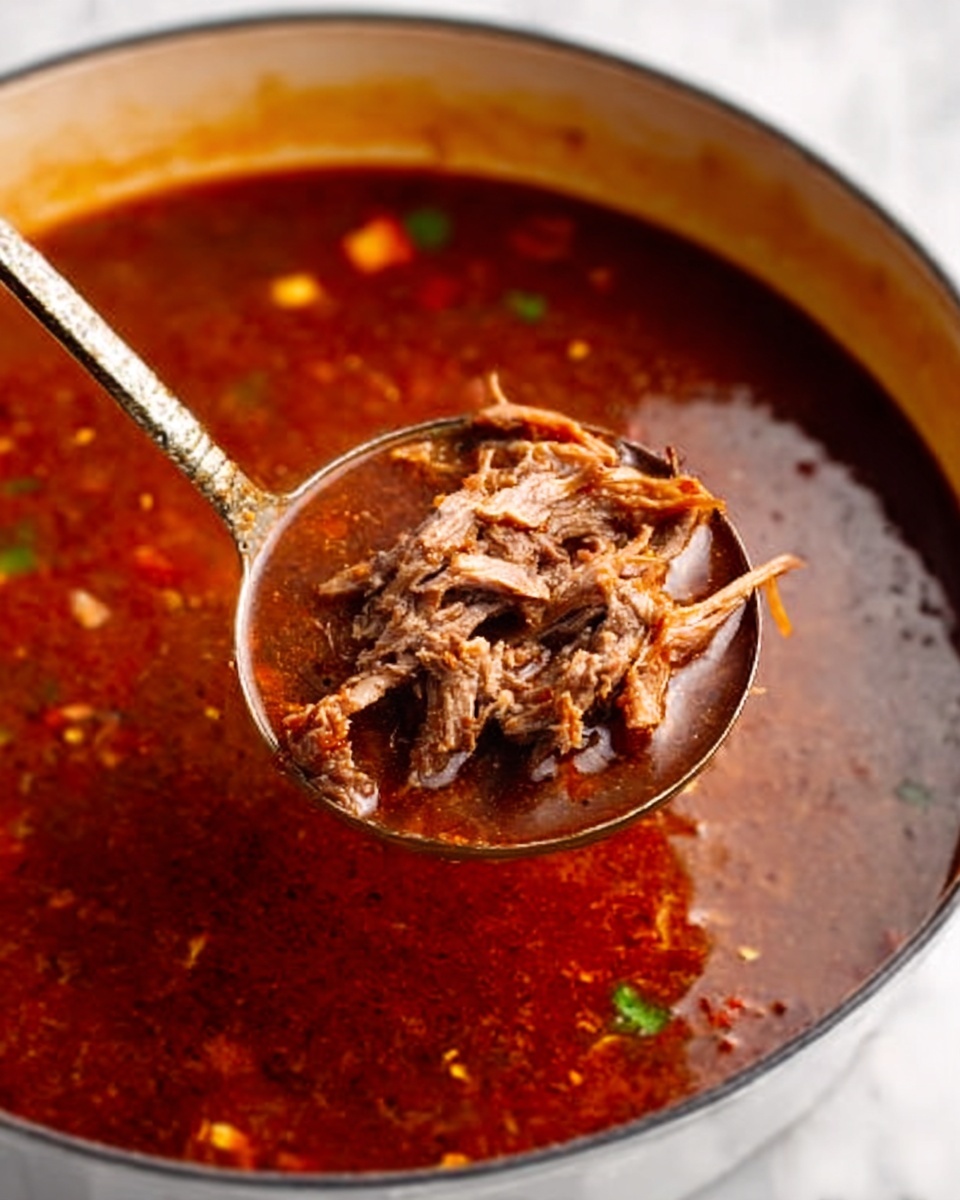 A close-up view of a ladle full of rich, dark red soup filled with shredded pieces of tender meat and small bits of vegetables. The ladle is held above the surface of the soup, showing the thick liquid with visible spices floating within. The pot below is white, and the background is a white marbled texture. photo taken with an iphone --ar 4:5 --v 7