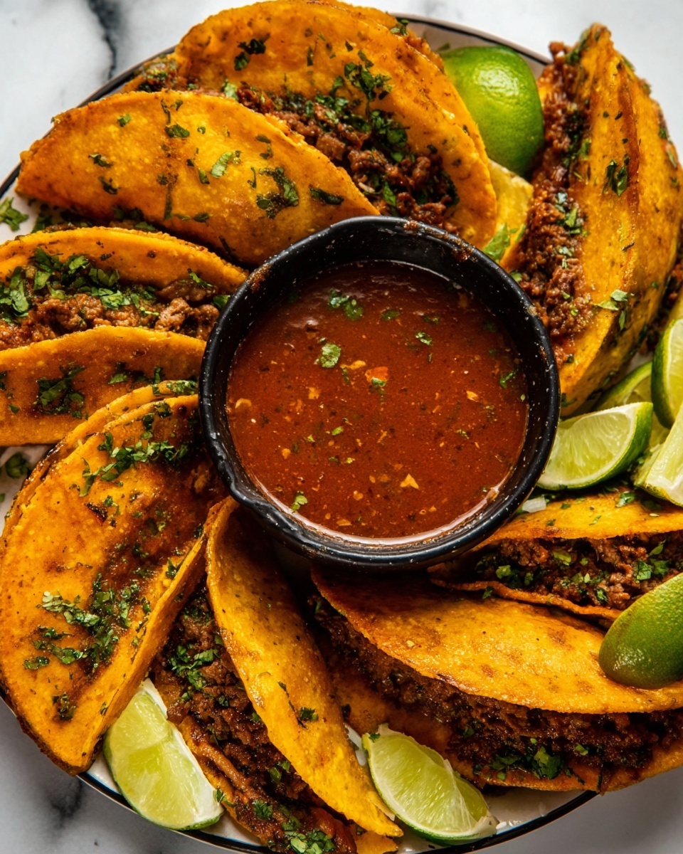 The image shows several golden brown tacos arranged in a circle around a black bowl filled with a rich, thick red sauce. Each taco is filled with finely chopped green herbs and seasoned meat that looks juicy and textured. The tacos have a slightly crispy surface with some parts darker from cooking, giving a toasted look. Bright green lime wedges are placed around the edge of the white plate, giving a fresh contrast to the warm colors of the tacos and sauce. The background is a white marbled surface, clean and simple. The photo was taken with an iphone --ar 4:5 --v 7