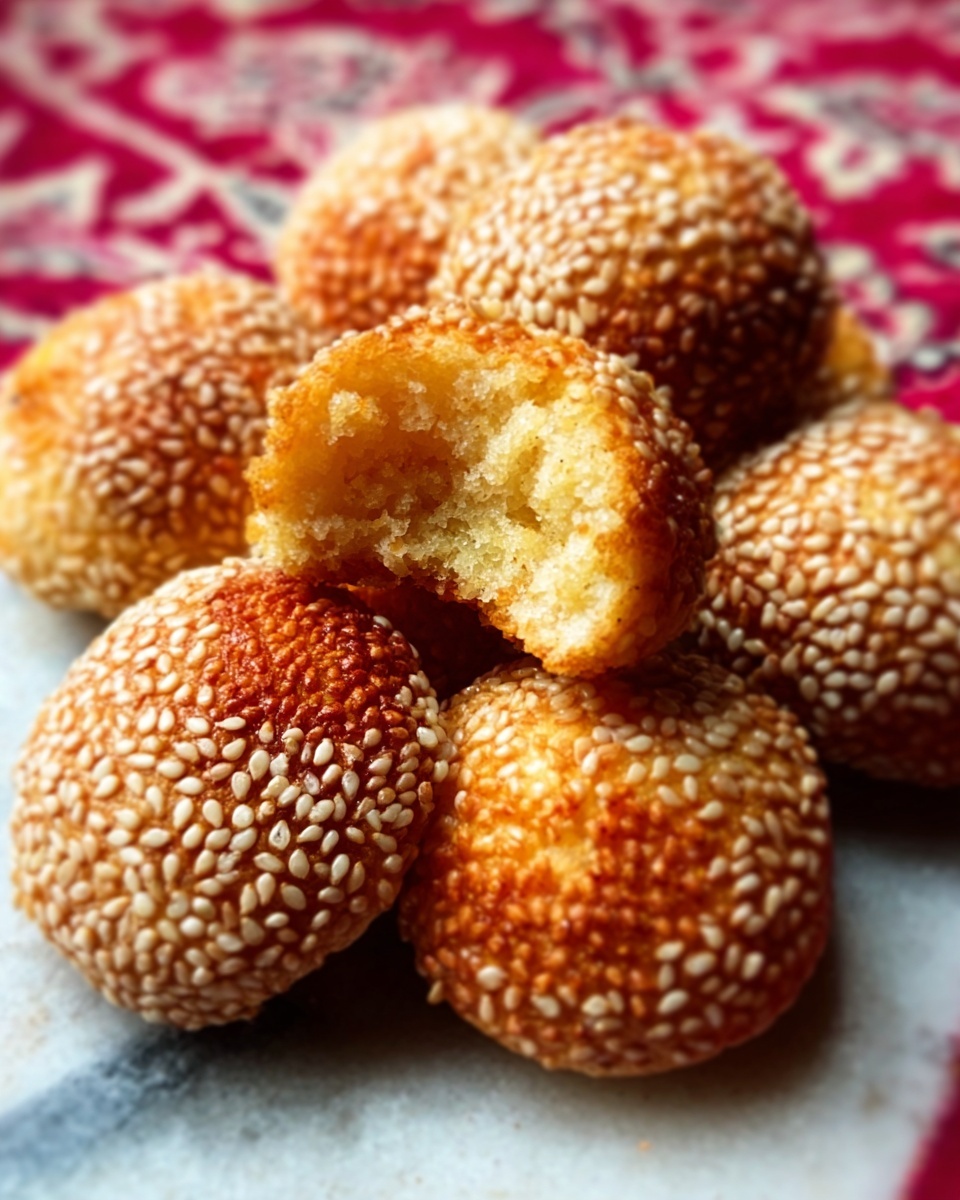 The image shows several small round pastries covered in white sesame seeds, placed on a white marbled surface with a red patterned cloth underneath. The pastries have a golden-brown color with a textured, slightly rough surface. One pastry is broken open, revealing a soft and light inside. The sesame seeds create a textured, bumpy outer layer, and the pastries are arranged close together in a casual pile. The lighting highlights the golden tones and the light shadows, giving a warm and inviting look. photo taken with an iphone --ar 4:5 --v 7