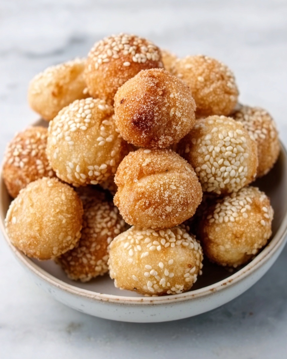 A brown ceramic bowl filled with round, golden brown balls covered in sesame seeds sits on a white plate with light brown patterns. The balls have a crunchy texture and one ball is broken in half, showing a soft and crumbly inside. The bowl and plate rest on a white marbled surface. A jar of honey and some scattered sesame seeds are blurred in the background. photo taken with an iphone --ar 4:5 --v 7