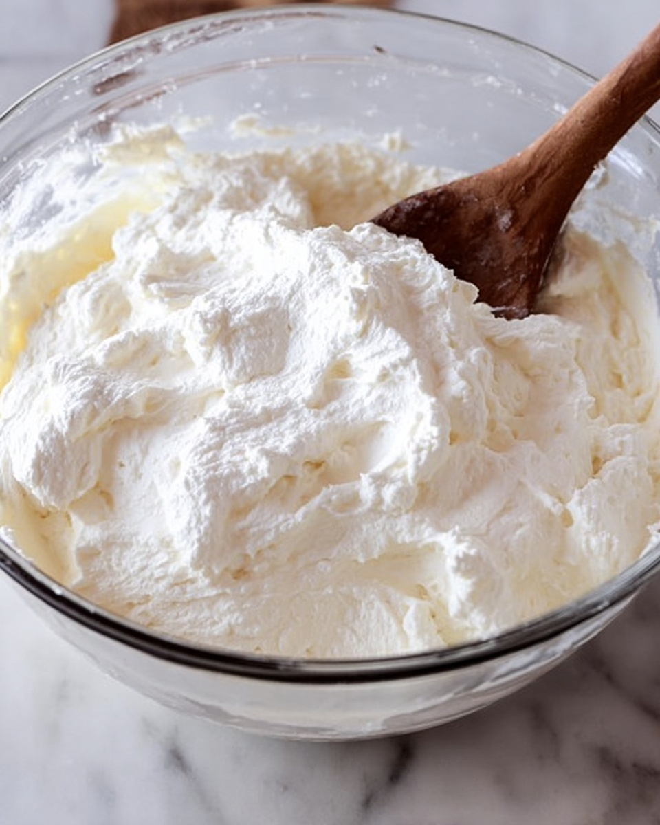 The image shows a close-up view of a clear glass bowl filled with thick, white, creamy mixture with a fluffy texture. The mixture is piled high in the bowl, showing soft peaks and a slightly rough surface. A wooden spoon with a long handle rests inside the bowl, partially covered by the creamy mixture. The bowl is placed on a white marbled surface. photo taken with an iphone --ar 4:5 --v 7