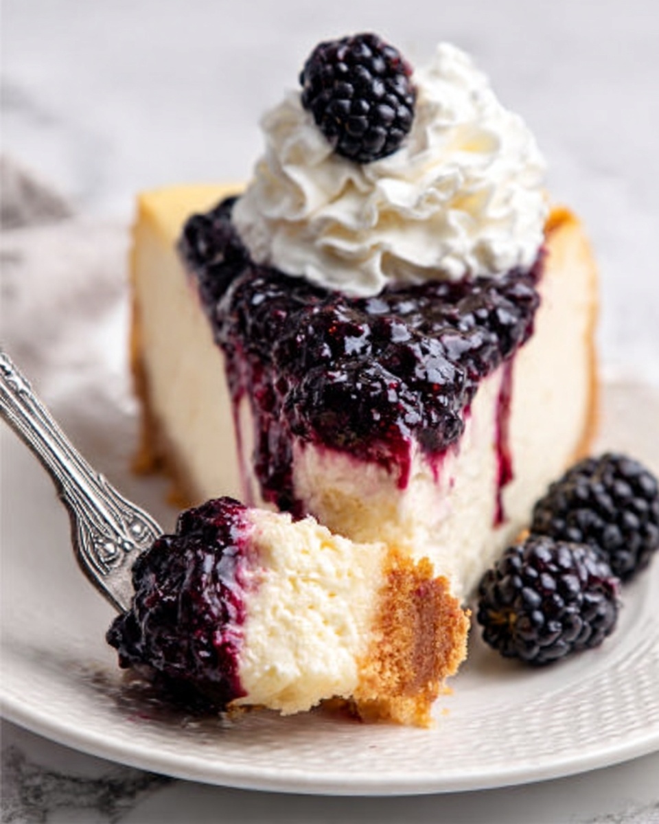 A creamy cheesecake slice sits on a white plate with a finely textured golden crust base at the bottom. The cheesecake layer above is smooth and pale with a slight shine, topped with a generous layer of thick, dark purple blackberry sauce that has a chunky texture with some visible whole blackberries. A swirl of fluffy white whipped cream with soft peaks rests on top, crowned by a single large, fresh blackberry. A silver fork with detailed handle holds a bite-sized piece of the cheesecake, positioned close to the slice. Nearby on the plate and the white marbled surface, two whole blackberries add to the composition. photo taken with an iphone --ar 4:5 --v 7