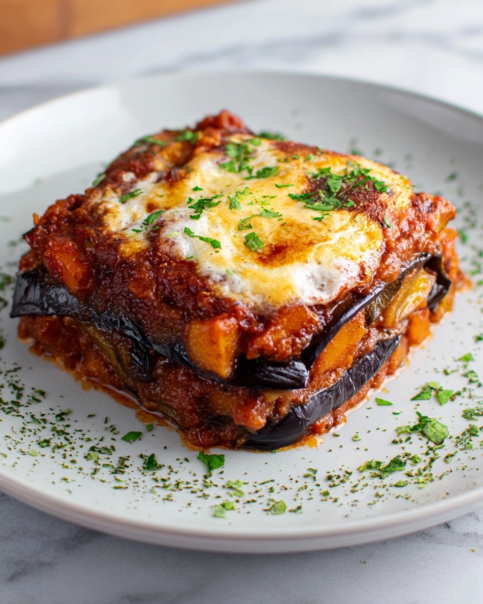 A thick square piece of layered eggplant dish sits on a white plate with tiny black speckles. The bottom layer is dark purple eggplant with a smooth, slightly shiny texture. Above this, there is a bright red tomato sauce layer mixed with small chunks of vegetables. On top of this sauce is a melted white cheese layer with some golden brown spots. Another layer of eggplant and tomato sauce follows, with the top layer showing more of the sauce with scattered pieces of vegetables and some melted cheese. Around the edges of the plate, small green herbs are sprinkled for decoration. The plate rests on a white marbled surface photo taken with an iphone --ar 4:5 --v 7