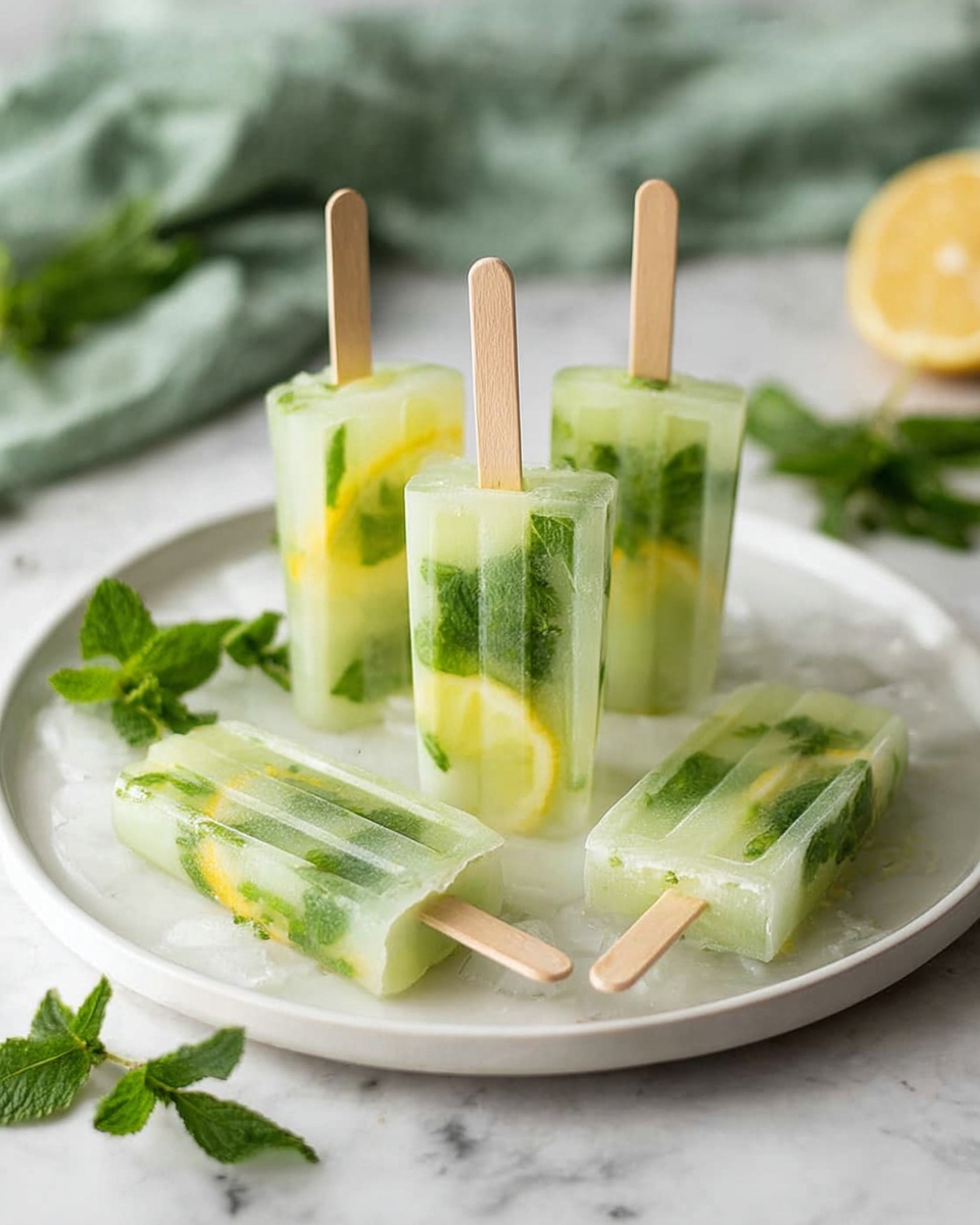 The image shows six light green popsicles with visible mint leaves and small lemon slices inside, giving a fresh and cool look. Three popsicles stand upright in the middle of a round white plate, and three lie flat around them, all with wooden sticks. The popsicles have clear, slightly see-through layers with green leaves and yellow lemon pieces spread evenly inside. The plate sits on a white marbled surface with some green mint leaves scattered nearby and a soft green fabric blurred in the background. photo taken with an iphone --ar 4:5 --v 7