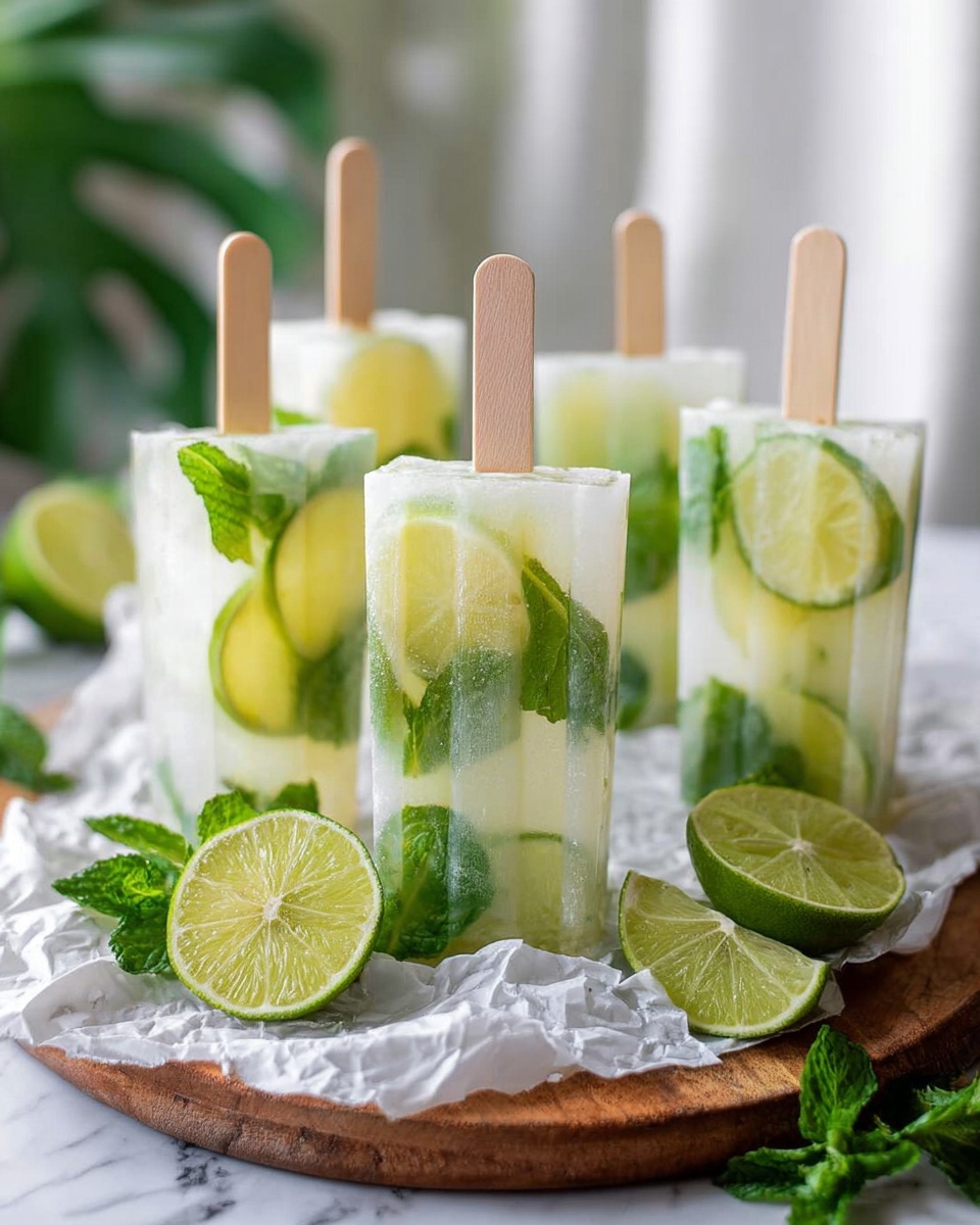 There are six pale yellow popsicles with green mint leaves inside, some standing upright and some lying down on a white plate, all showing clear layers of lemon slice pieces and leafy shapes embedded within. Each popsicle has a natural wooden stick inserted at the top or side, and the plate is set on a white marbled surface with extra mint leaves scattered nearby. The background is softly blurred with light green fabric and soft light creating a fresh and cool feel. photo taken with an iphone --ar 4:5 --v 7