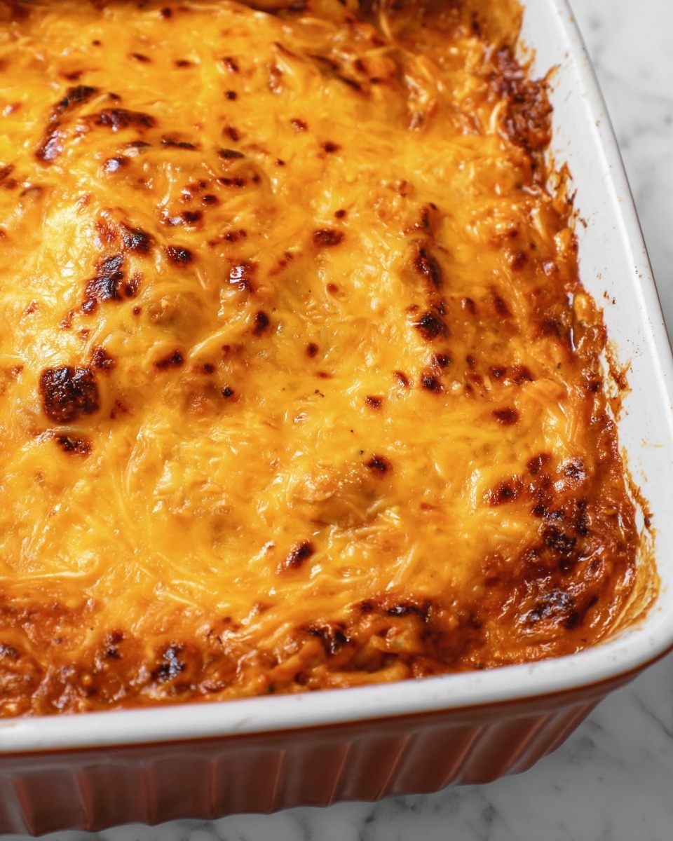 A close-up view of a baked cheesy lasagna in a white casserole dish with ridged edges. The top layer is thick and covered with melted orange-yellow cheese that has some browned spots and bubbles, showing a slightly crispy texture. Beneath the cheese, darker, saucy layers are faintly visible where the top has melted unevenly. The casserole is set on a white marbled surface. photo taken with an iphone --ar 4:5 --v 7