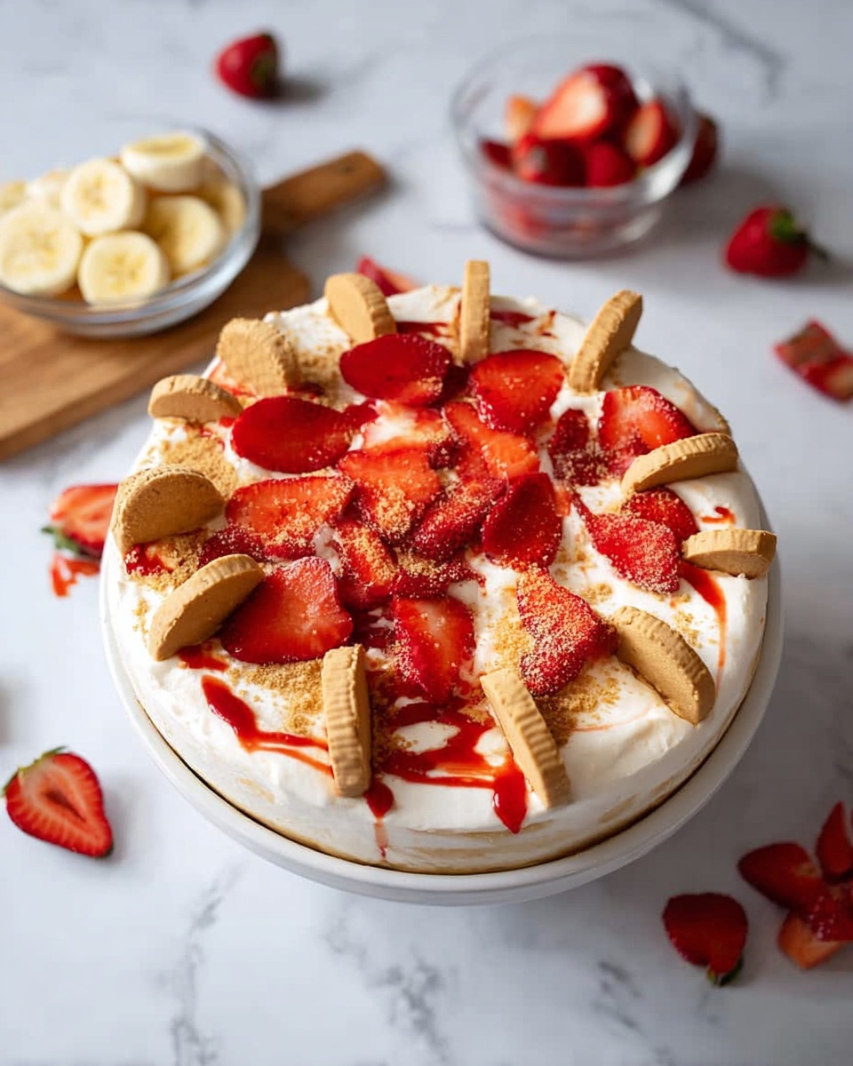 The image shows a dessert in a white bowl on a white marbled surface. The dessert has three main layers: the bottom layer is smooth and creamy white, the middle layer is topped with crumbled light brown cookies, and the top layer is decorated with bright red strawberry slices evenly spread out. Around the edge of the bowl, there are whole light brown cookies placed upright, creating a border. Bright red syrup is drizzled over the top, adding color and shine. In the background, there is a small glass bowl with sliced bananas on a wooden board, and scattered strawberry slices and whole cookies nearby. photo taken with an iphone --ar 4:5 --v 7