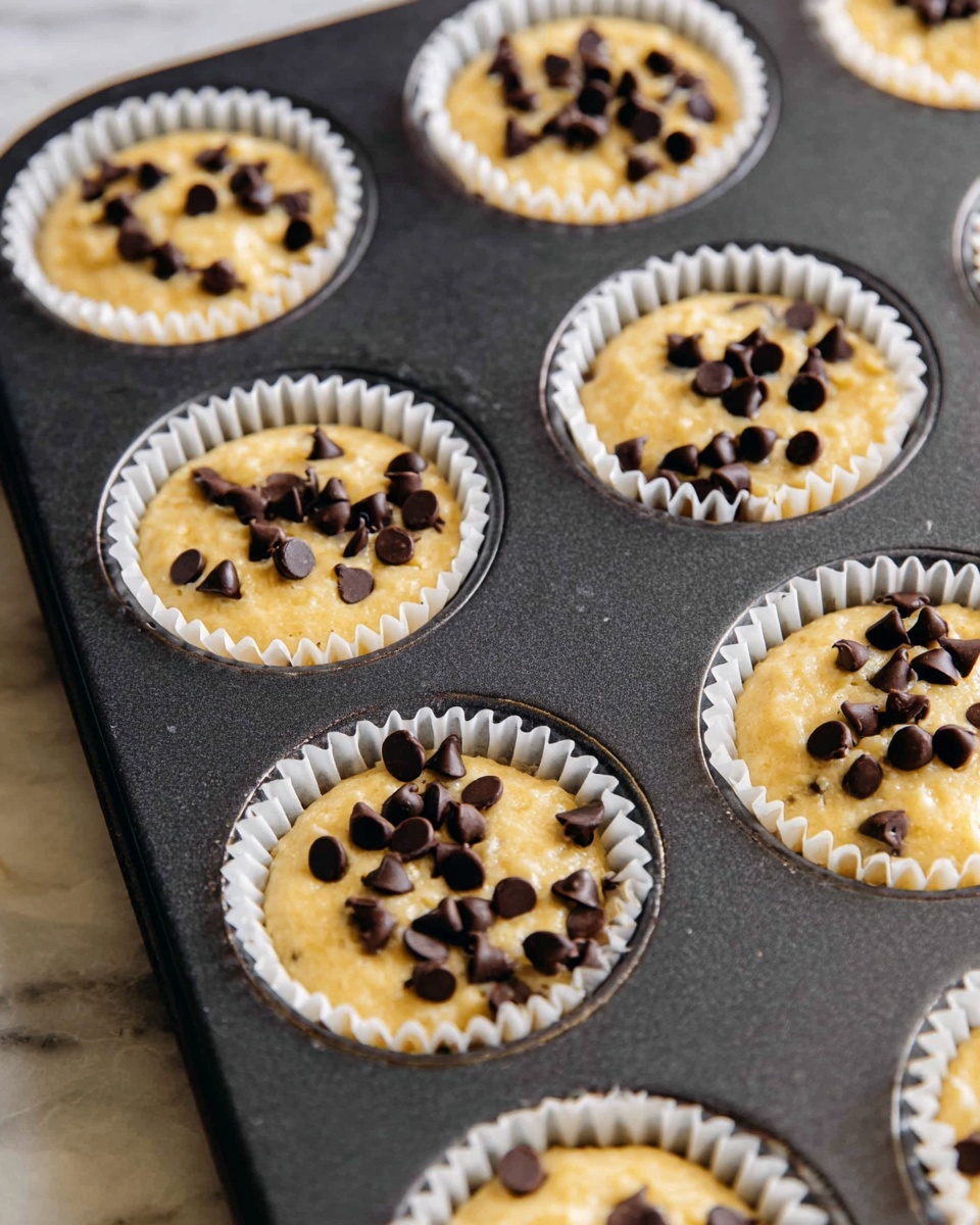A close-up view of a dark muffin tray with nine white paper liners filled with light yellow batter, each topped with scattered small dark chocolate chips. The batter looks smooth and fills the liners about three-quarters full. The tray sits on a white marbled surface, and the image captures the texture of the batter and chocolate chips clearly. Photo taken with an iphone --ar 4:5 --v 7