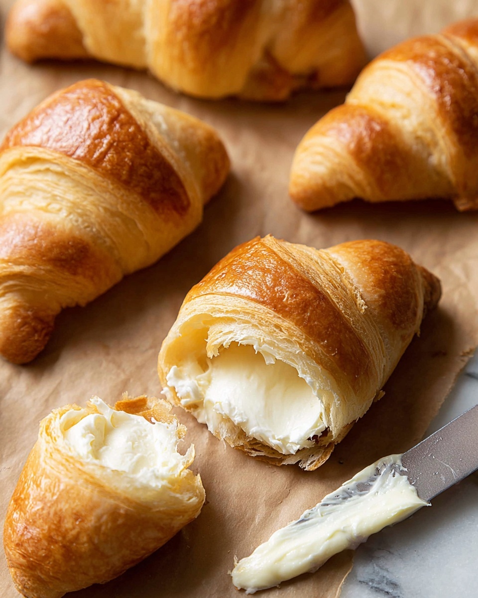The image shows several golden brown croissants with a shiny surface resting on brown parchment paper over a white marbled background. One croissant is broken open in the front, revealing a soft, light, fluffy inside with a thick layer of creamy white butter spread on part of it. A butter knife with creamy white butter on its blade lies nearby, adding texture contrast to the smooth butter and the flaky pastry layers. The scene is softly lit, making the croissants look warm and fresh. photo taken with an iphone --ar 4:5 --v 7