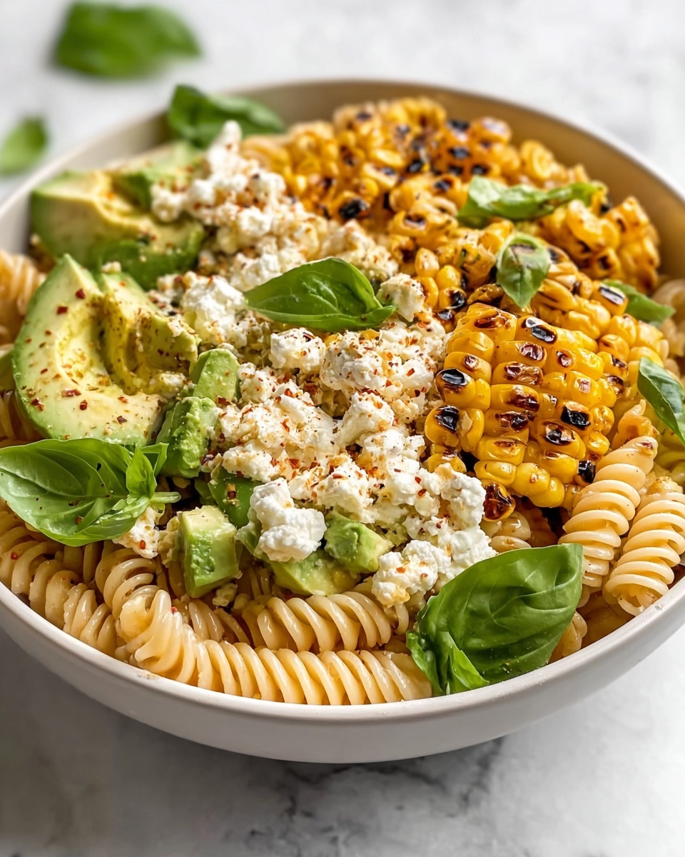 A white bowl filled with a pasta salad that has three main layers: the bottom layer is light golden spiraled pasta, the middle layer has golden grilled corn with some charred black spots, and the top layer is a mix of white soft cheese crumbles, bright green fresh basil leaves, and small slices of light green avocado. There is a light sprinkle of red seasoning powder on top, and the bowl is placed on a white marbled surface. photo taken with an iphone --ar 4:5 --v 7