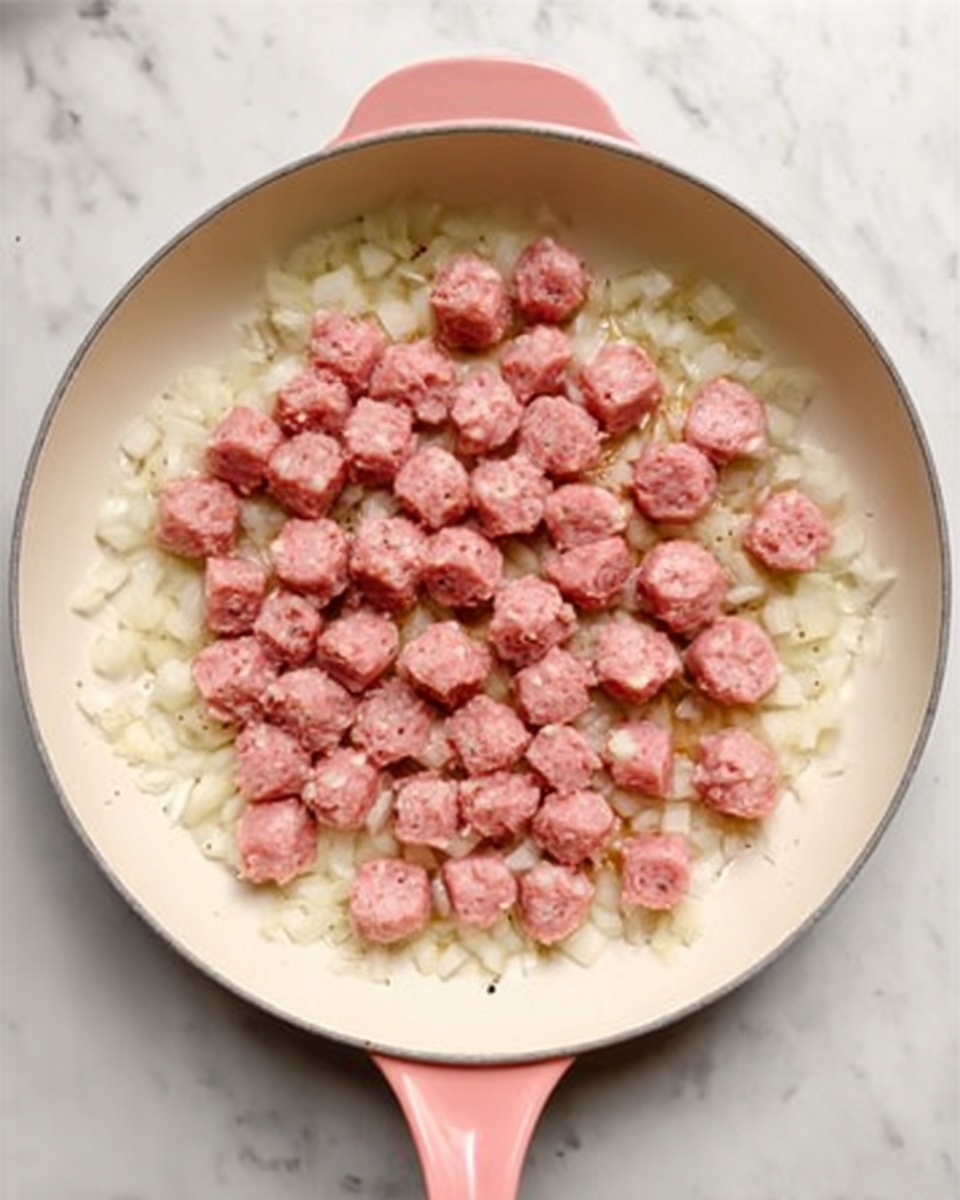 A white skillet filled with small, round pink sausage pieces spread evenly on top of a bed of cooked, chopped white onions. The onions appear soft and translucent, covering the entire bottom of the pan. The sausage pieces are clustered in the center with some visible gaps showing the onion underneath. The skillet handles are light pink and the pan sits on a white marbled surface. photo taken with an iphone --ar 4:5 --v 7