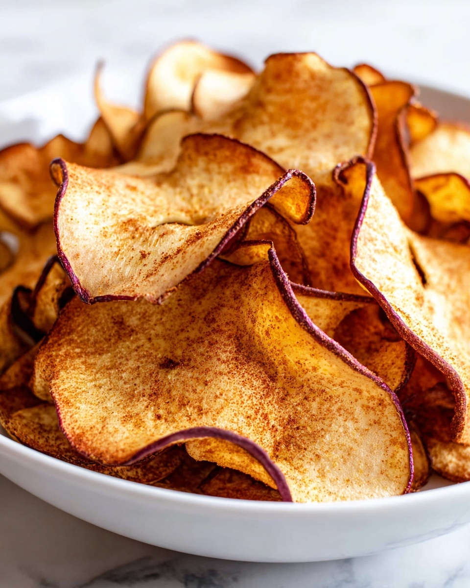 A white bowl filled with a pile of thin, crispy apple chips. Each chip is golden brown with darker brown specks and slightly curled edges, showing a rough texture with some wrinkled parts. The chips have a natural light orange to yellow inside color with a darker reddish-brown outline from the apple skin. The chips overlap each other, creating depth and softness. The background is a white marbled texture. photo taken with an iphone --ar 4:5 --v 7