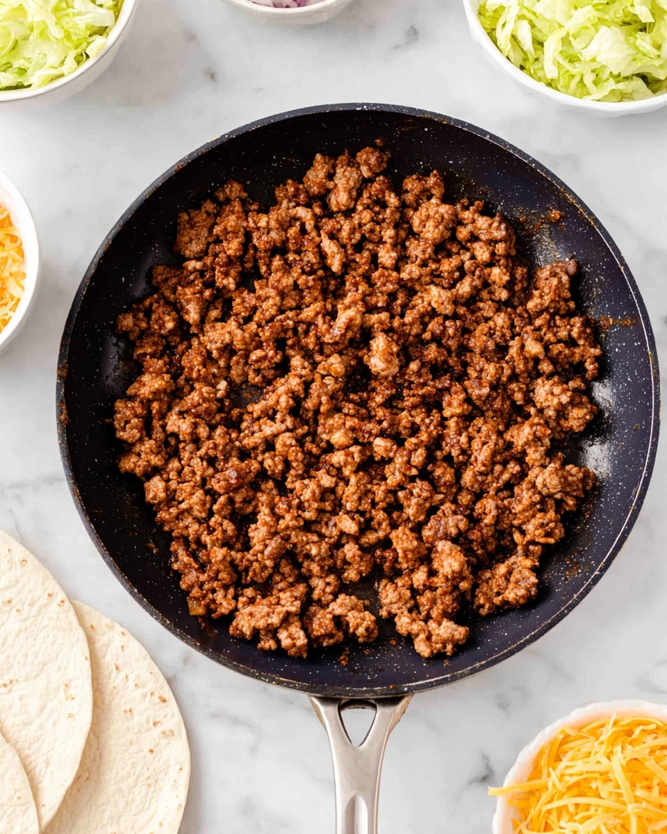 A black frying pan filled with cooked ground meat that is browned and crumbled, covering the entire surface of the pan evenly. The pan handle is silver and most of it is visible at the bottom right of the image. Around the pan on the white marbled surface, there is a stack of three white tortillas at the bottom left, a white bowl of shredded yellow cheese at the top right, and a white bowl of shredded pale green lettuce at the top left. Photo taken with an iphone --ar 4:5 --v 7