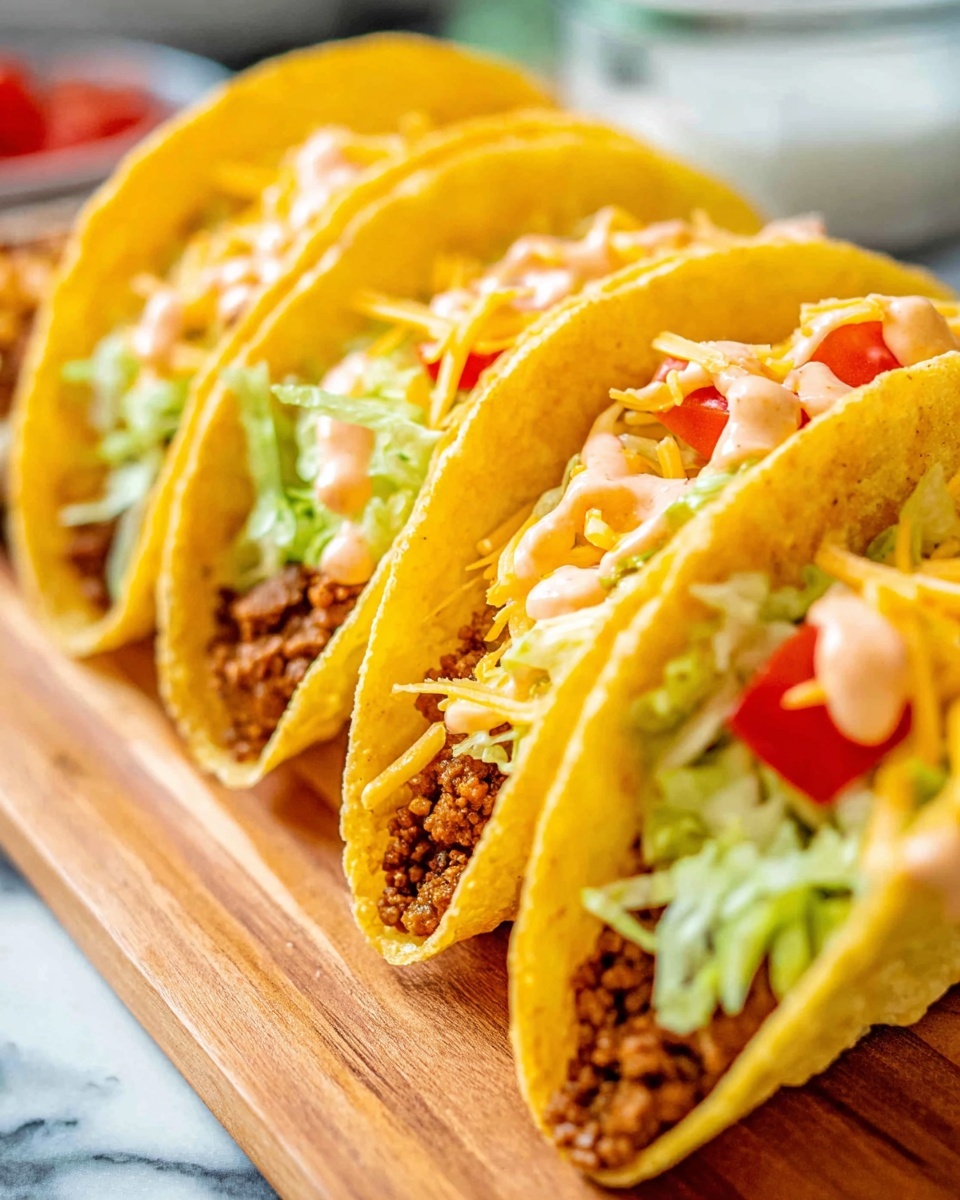 A row of five soft tacos is arranged closely on a wooden board. Each taco has a soft white tortilla wrapped around a crunchy yellow taco shell inside. The filling has a bottom layer of cooked brown minced meat, topped with small red tomato pieces, shredded light green lettuce, a drizzle of light orange sauce, and sprinkled with shredded bright yellow cheese. The background is blurred but shows a white marbled surface beneath the board. photo taken with an iphone --ar 4:5 --v 7