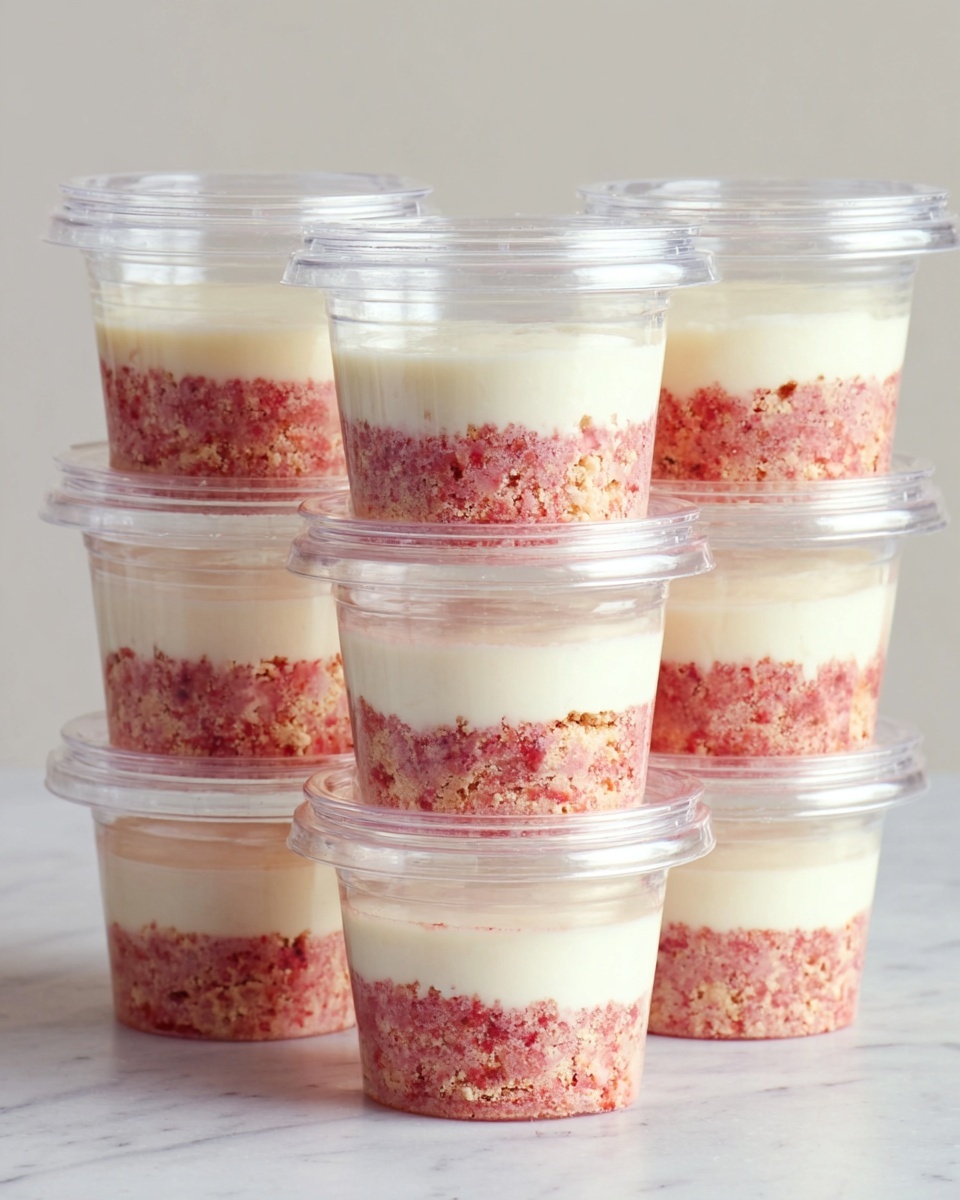 The image shows stacks of clear plastic cups filled with two layers of dessert. The bottom layer is crumbly and reddish-pink with some small chunks, while the top layer is smooth and white, resembling a creamy texture. Each cup has a clear plastic lid, and the stacks are placed on a white marbled surface with a soft, minimal background. The dessert cups are arranged neatly in three vertical piles of different heights. photo taken with an iphone --ar 4:5 --v 7