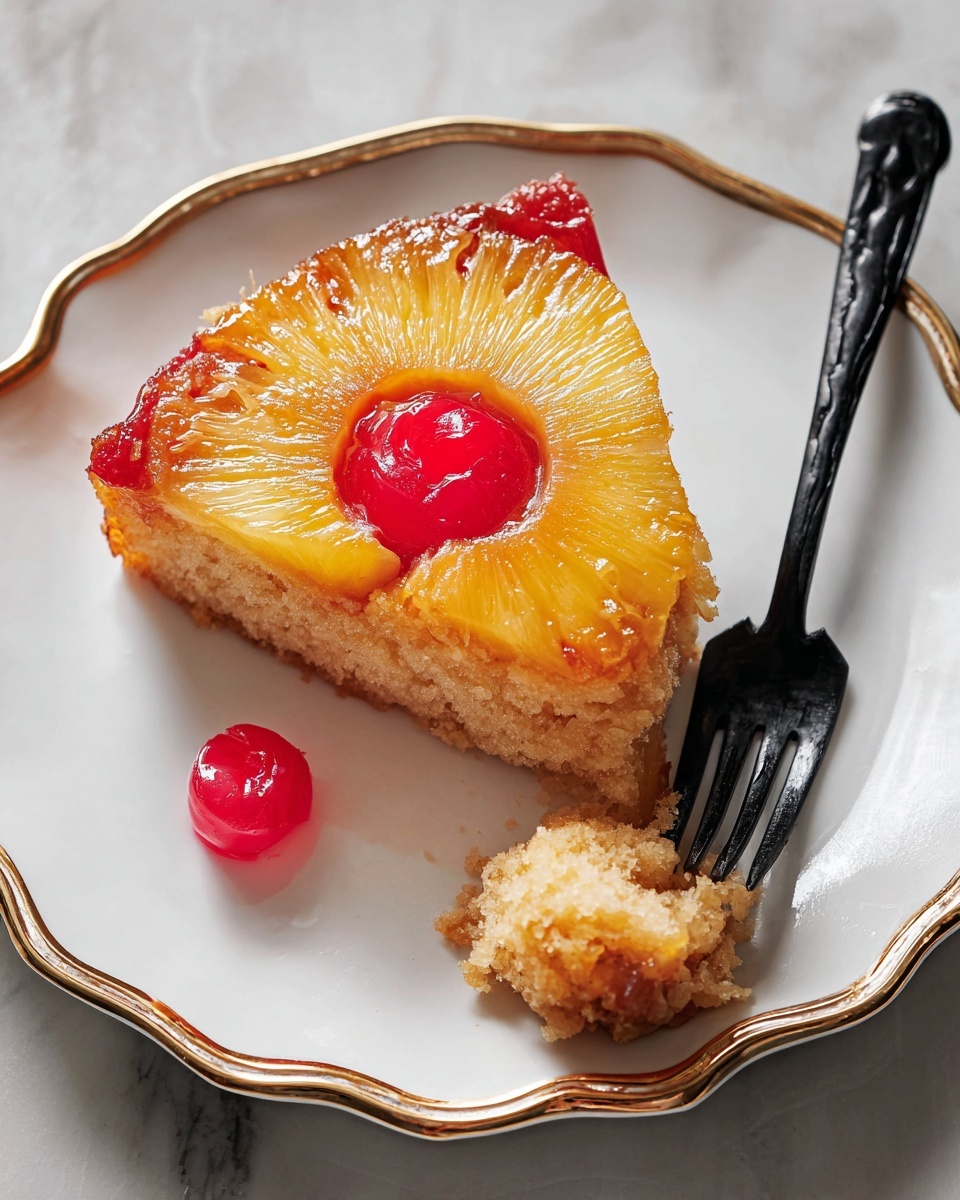 A slice of pineapple upside-down cake sits on a white plate with a scalloped gold rim placed on a white marbled surface. The cake slice shows a golden yellow pineapple ring with a bright red cherry in the center on top, surrounded by a caramelized layer that is shiny and slightly sticky. The cake below is light brown and soft in texture. A black fork on the right side of the plate holds a small piece of the cake, which includes a bit of the pineapple topping. A small piece of red cherry lies near the fork on the plate. Photo taken with an iphone --ar 4:5 --v 7