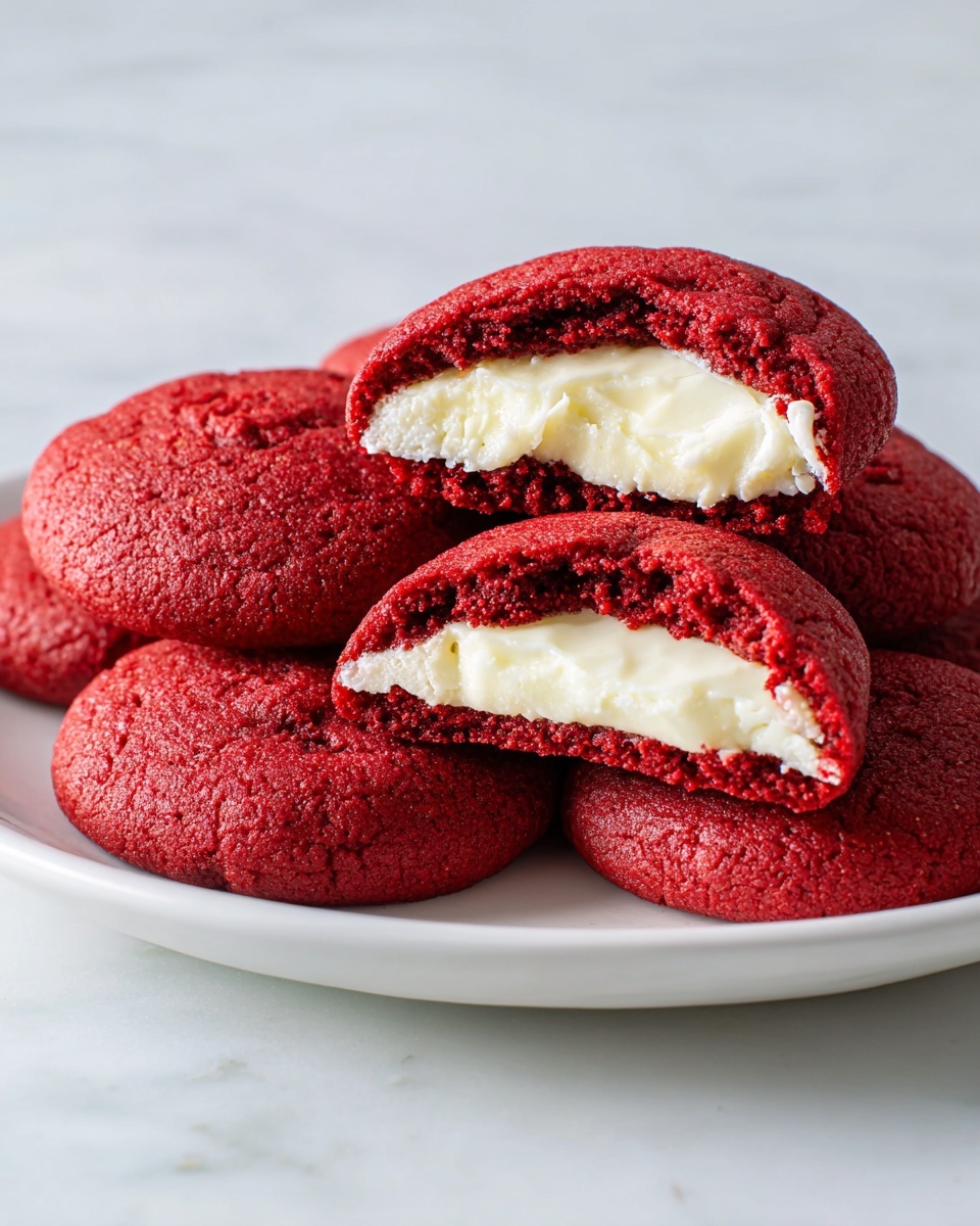 The image shows a stack of six thick, red velvet cookies with white creamy filling in the center, placed on a white marbled surface. Each cookie is halved to show two layers: the outside layer is deep red with a soft, dense texture, while the inside layer consists of smooth, bright white cream. The cookies are neatly stacked one on top of another, creating a tower with clean edges and slight crumbs around. The background is light and soft, keeping focus on the rich colors and texture of the cookies. photo taken with an iphone --ar 4:5 --v 7