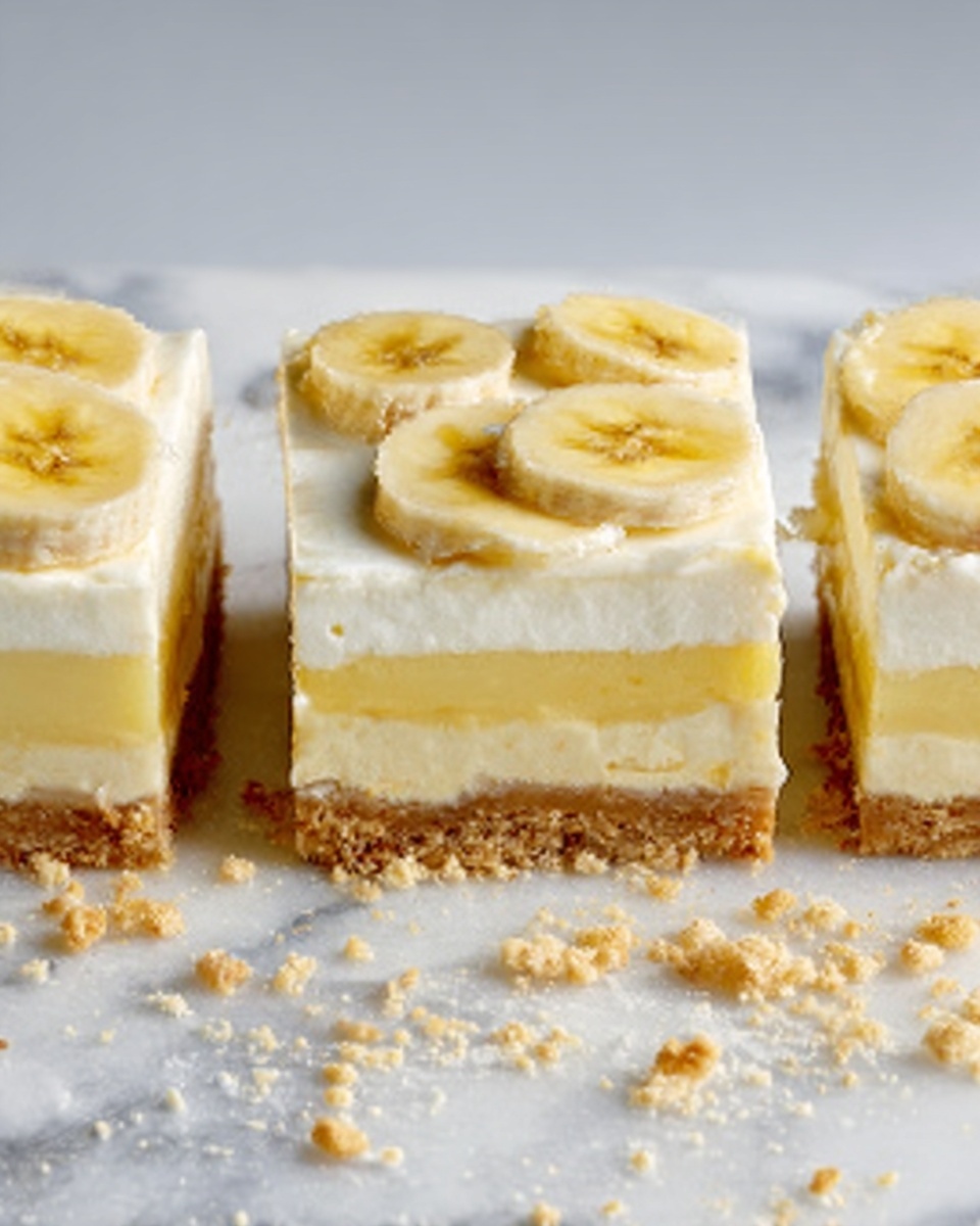 The image shows three square slices of a layered dessert placed on a white marbled surface. Each slice has a bottom layer of crumbly light brown crust, a thick middle layer of smooth pale yellow filling, and a top layer of white cream with thin banana slices evenly arranged on top. Crushed crumbs are scattered around the slices, adding extra texture. The dessert looks soft and creamy with clear, clean layers. photo taken with an iphone --ar 4:5 --v 7