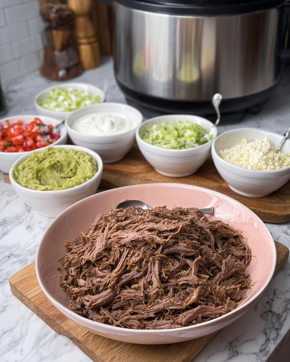 A large pink bowl in the front holds a heap of shredded brown meat with visible strands and a tender texture. Behind it are five small white bowls each with different toppings: one with chunky light green guacamole, one with creamy white sour cream, one filled with crumbly white cheese, one with finely chopped green lettuce, and one with a mix of red and white diced tomatoes and onions. The bowls are arranged on a wooden board with a silver spoon in the guacamole and sour cream bowls. In the background, a large shiny silver slow cooker with a black lid sits on a white marbled surface with a kitchen setting visible behind. Photo taken with an iphone --ar 4:5 --v 7