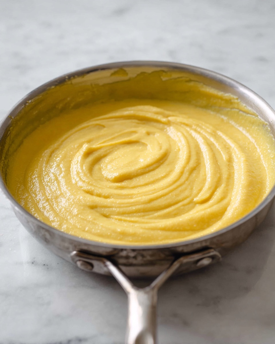 A close-up image of a single layer of smooth, creamy yellow polenta spread evenly inside a stainless steel pan, showing gentle swirls and a thick, velvety texture. The pan is set on a white marbled surface with soft natural lighting that highlights the shiny metal handle and the rich golden-yellow color of the polenta photo taken with an iphone --ar 4:5 --v 7