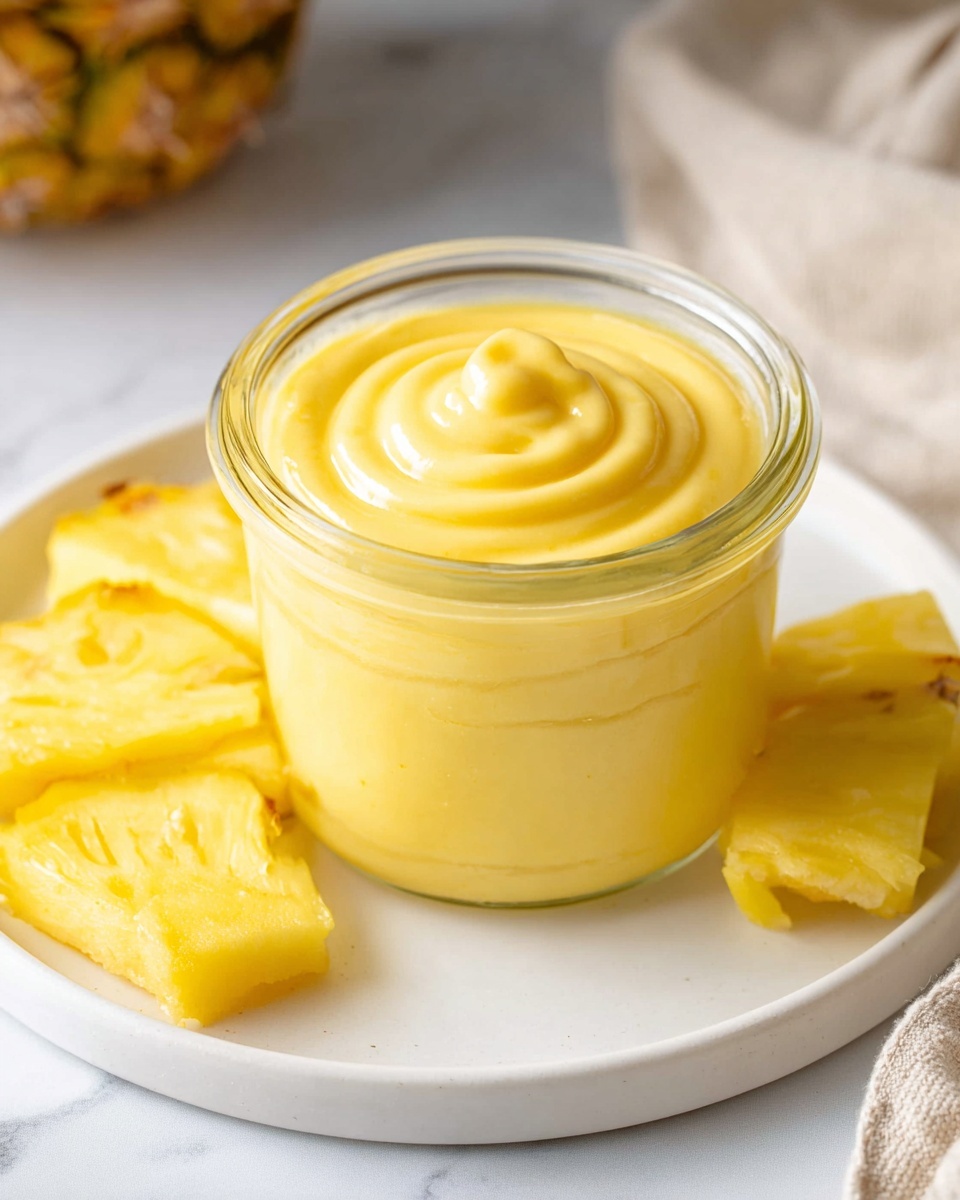A clear glass jar filled with thick, smooth yellow custard, glowing under soft light, sits on a white plate against a white marbled background. A silver spoon lifts a dollop of the custard from the jar, showing its creamy texture. To the right, bright yellow pineapple slices with a slightly shiny, juicy appearance rest on the white marbled surface, adding a fresh and vibrant touch. In the background, a blurred white cloth and another jar of custard are visible. photo taken with an iphone --ar 4:5 --v 7