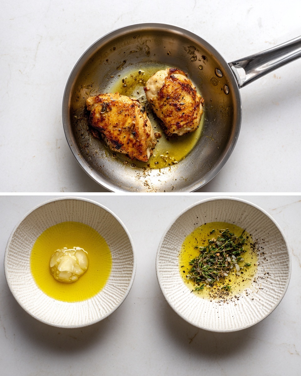 The left side shows a metal frying pan with two cooked golden brown chicken pieces inside, the pan has some dark brown cooked marks around the chicken. On the right side, there is a white bowl with a textured pattern holding a small pool of yellow olive oil, a dollop of pale yellow sauce, finely chopped garlic, fresh green thyme leaves, and black pepper sprinkled on top. Both images have a white marbled surface beneath them. photo taken with an iphone --ar 4:5 --v 7