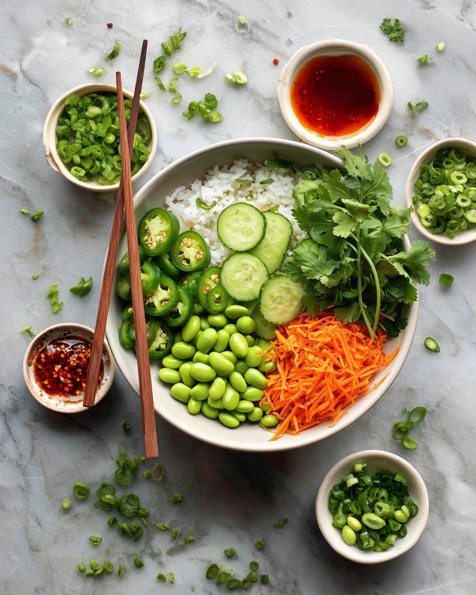 A white bowl sits on a white marbled surface, filled with layers from bottom to top: a base of white rice, topped with bright green sliced jalapeños on the upper right, pale green cucumber slices arranged in a neat row on the right middle, fresh green edamame beans on the bottom right, shredded bright orange carrots on the left middle, and a bunch of fresh green cilantro leaves on the left top next to the jalapeños. Two wooden chopsticks rest on the bowl's edge. Around the bowl, several small white bowls hold more green edamame, dark green sliced scallions, red chili sauce, and chili oil with red flakes, along with scattered loose edamame and cilantro leaves on the surface. Photo taken with an iphone --ar 4:5 --v 7