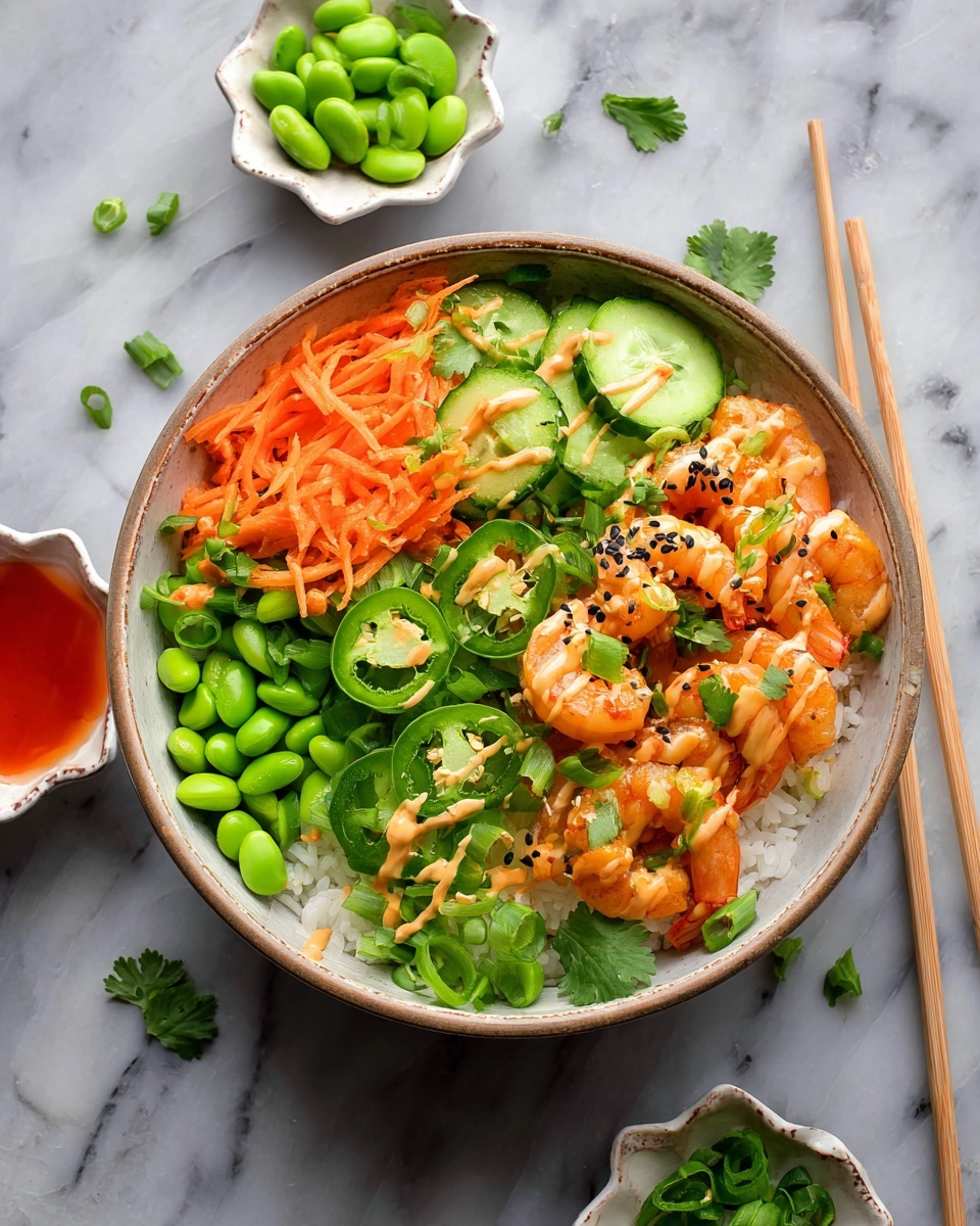 A white bowl holds a colorful shrimp bowl layered with white rice at the bottom. On top, there are bright orange shrimp coated in sauce and sprinkled with black and white sesame seeds, with green chopped scallions on the shrimp. Around the shrimp, sliced green jalapeños are placed on one side, thinly sliced cucumbers with a light orange drizzle sauce on another side, bright green edamame beans, and shredded orange carrots. Fresh green cilantro leaves peek from one edge. Two wooden chopsticks rest on the edge of the bowl. The bowl sits on a white marbled surface. photo taken with an iphone --ar 4:5 --v 7