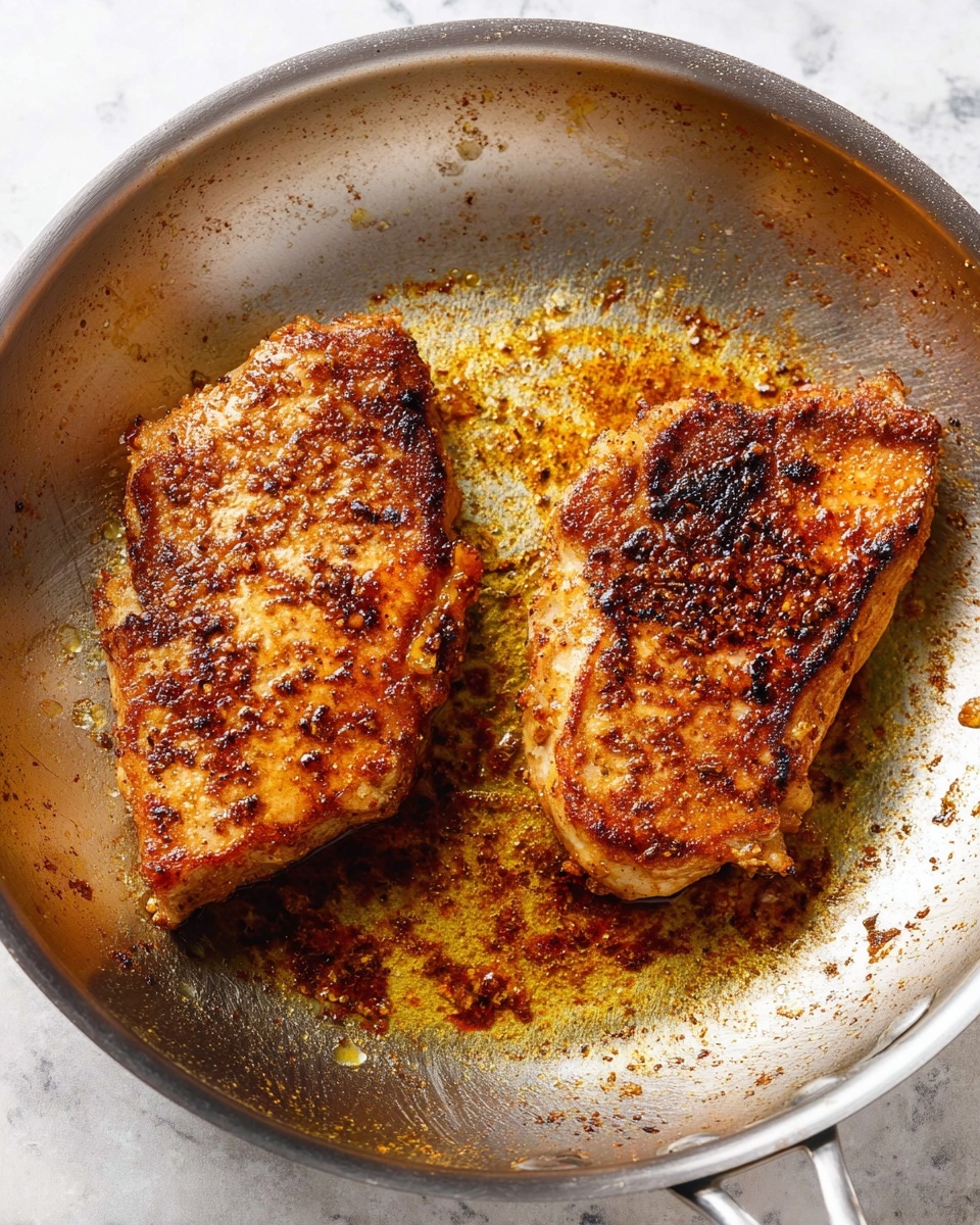 The image shows two pieces of golden brown cooked meat in a round stainless steel pan. Each piece has a crispy outer layer with darker spots where it is well-seared. The meat looks juicy and slightly oily, with some small burnt bits scattered around the edges. The pan has a metallic shine and some grease marks on its surface. The background is a white marbled texture. photo taken with an iphone --ar 4:5 --v 7