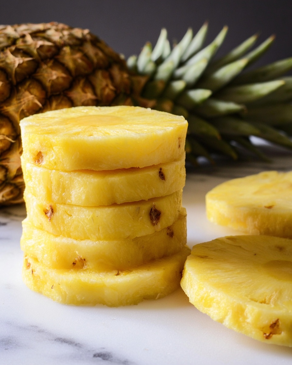 The image shows a stack of six thick, round slices of bright yellow pineapple arranged neatly in the center on a white marbled surface. To the right of the stack are two more pineapple slices lying flat, and to the left side is part of a pineapple with green spiky leaves and brown textured skin resting horizontally. The lighting highlights the juicy, slightly porous texture of the pineapple flesh, making the yellow color look fresh and vibrant. Photo taken with an iphone --ar 4:5 --v 7