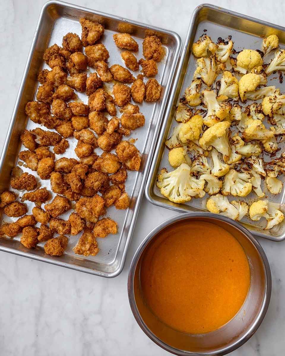 The image shows two silver baking trays on a white marbled surface, each filled with small, crispy, golden brown fried pieces on one tray and roasted light yellow cauliflower florets with some brown char marks on the other tray. Above the trays is a shiny metal bowl containing a thick, smooth, bright orange sauce with a glossy texture inside. The scene has a clean, simple look with the food arranged in rows on the trays. photo taken with an iphone --ar 4:5 --v 7