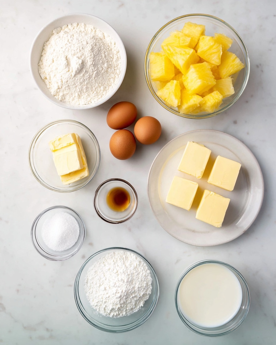 A white marbled surface holds nine clear and white bowls with different baking ingredients arranged neatly. On the top left is a white bowl filled with white flour, next to it on the right is a clear bowl with three brown eggs. To the right is a larger clear bowl filled with yellow pineapple chunks. Below the flour bowl is a white plate carrying three blocks of pale yellow butter. Below the eggs is a small clear bowl with light brown vanilla extract, next to it is another small clear bowl containing white baking powder. Below the pineapple is a medium clear bowl filled with white granulated sugar. Under the vanilla and baking powder bowls, there is a small clear bowl of white salt, and finally, below that is a slightly larger clear bowl with white milk. photo taken with an iphone --ar 4:5 --v 7