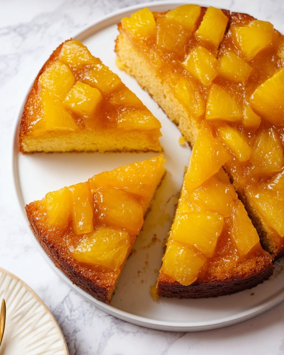The dish is a round pineapple upside-down cake placed on a white plate on a white marbled surface. The cake has two main layers: the bottom layer is a golden brown cake with a moist texture, and the top layer is made of large, glossy, golden yellow pineapple chunks arranged tightly in a circular pattern, covering the entire surface of the cake. The pineapple pieces have a shiny, slightly syrupy look. In the background, there is a white cup and a stack of white plates with a fork resting on top. A yellow and white cloth is partially visible beside the plate. Photo taken with an iphone --ar 4:5 --v 7
