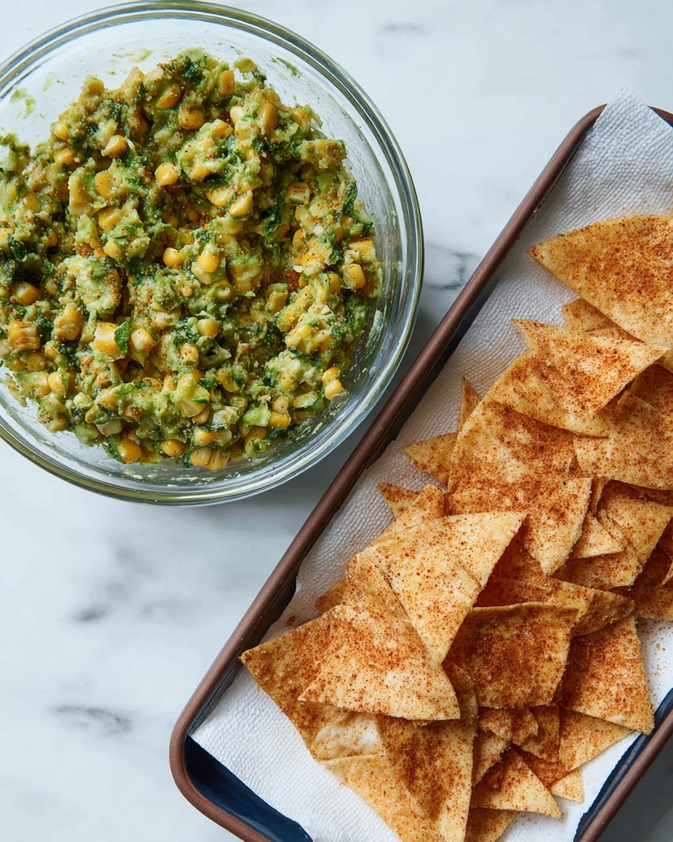 In the image, there is a clear glass bowl filled with a chunky, green mixture that includes pieces of yellow corn and some hints of a lighter green, giving it a textured, fresh look on the left side. To the right, a white tray with a dark rim holds triangular, crispy chips sprinkled evenly with a reddish seasoning, each chip slightly overlapping the others on a layer of white paper towel. The background is a white marbled surface that contrasts gently with the food items. photo taken with an iphone --ar 4:5 --v 7