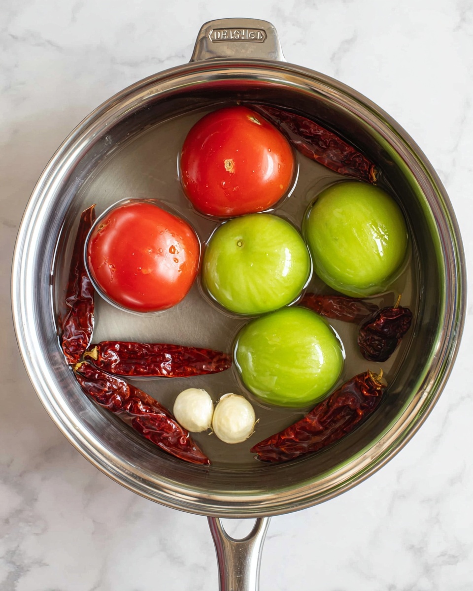 A stainless steel pan with two red tomatoes on the right side and four green tomatoes on the left side, all partly submerged in water. There are three dried red chilies around the edge of the pan and two small white garlic cloves near the middle. The pan is placed on a white marbled surface. photo taken with an iphone --ar 4:5 --v 7