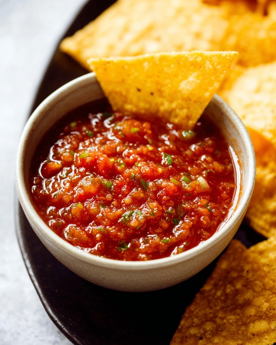 A close-up of a small white bowl filled with chunky red salsa that has visible bits of green herbs and tomato, giving it a fresh and textured look. A triangular yellowish tortilla chip is dipped into the salsa, partially covered in the sauce. In the background, more tortilla chips are slightly out of focus, creating a sense of depth. The white marbled textured surface adds a clean and bright contrast to the warm colors of the salsa and chips. photo taken with an iphone --ar 4:5 --v 7