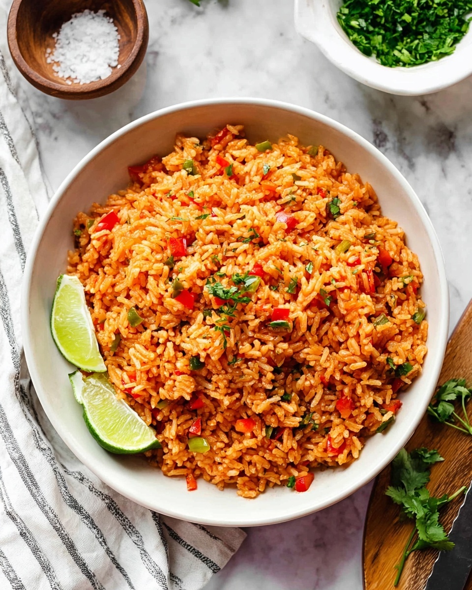 A white bowl filled with a large portion of reddish-orange rice mixed with small pieces of red and green peppers, and bits of green herbs scattered on top. Two lime wedges with some juice squeezed out rest on the edge of the rice. In the background, there is a white bowl with chopped green herbs and a small wooden container with salt on a white marbled surface. A white cloth with light stripes is partially visible on the lower left, and a wooden board with fresh green herbs and a knife handle is on the lower right. Photo taken with an iphone --ar 4:5 --v 7