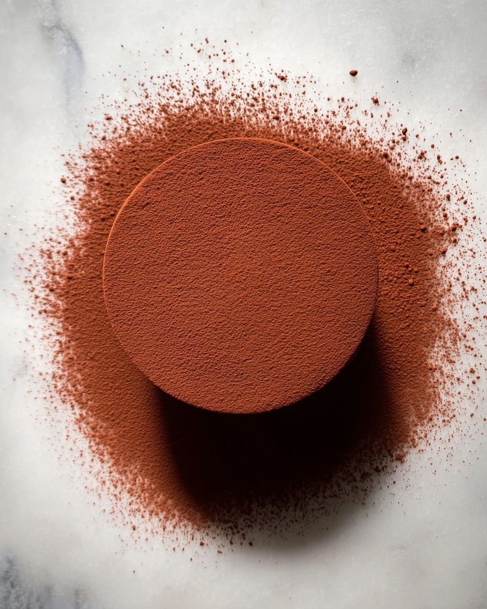 A smooth, round chocolate dessert covered fully in fine cocoa powder, making the color a deep reddish-brown throughout. The dessert is centered in the image with a thin shadow following its exact circle shape. Around the dessert, loose cocoa powder is scattered unevenly on a clean white marbled surface, creating a fading effect from the center outwards. The texture looks soft and powdery with a gentle lighting that shows some tiny details and slight surface marks on the dessert. photo taken with an iphone --ar 4:5 --v 7