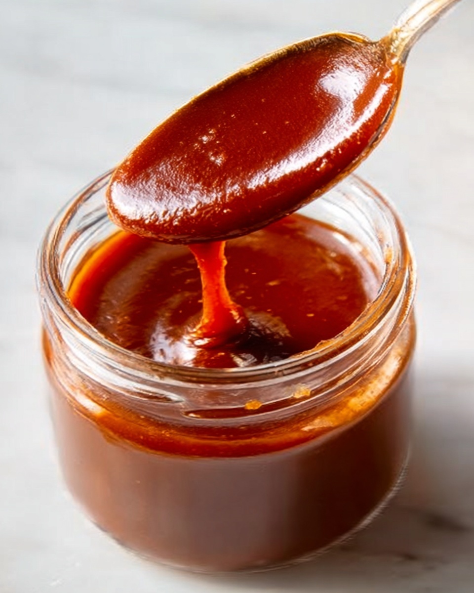 A close-up top view of a white bowl filled with smooth, dark red sauce that has a shiny surface reflecting light. The sauce's texture looks thick and even. A silver spoon rests inside the bowl on the right side, partially submerged in the sauce, with some sauce on the spoon. The bowl is placed on a white marbled surface, with a small part of a white plate with yellow-colored food visible at the bottom left. Photo taken with an iphone --ar 4:5 --v 7
