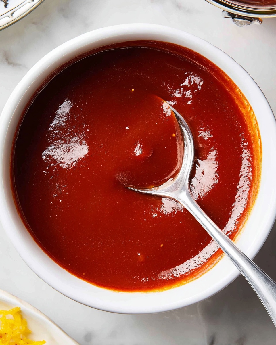 The image shows two large grilled chicken pieces with a shiny, dark brown glaze on top, sprinkled with small green parsley bits, placed on a white plate. Behind the chicken, there is a small white bowl filled with reddish-brown dipping sauce, and to the right, a few yellow cornbread squares resting on fresh green spinach leaves. The whole scene rests on a white marbled surface. photo taken with an iphone --ar 4:5 --v 7