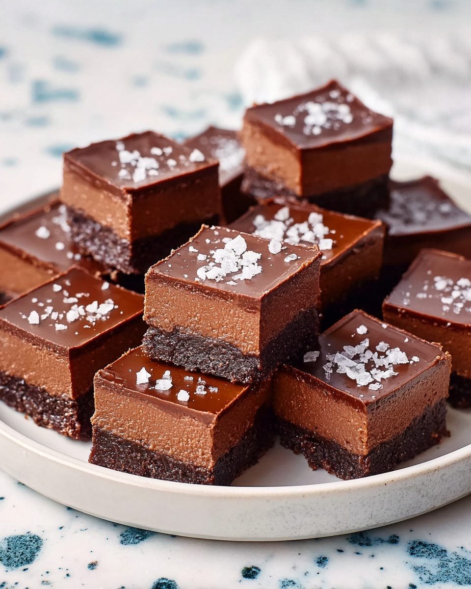 The image shows a round white plate filled with several chocolate bars cut into square pieces, stacked closely together. Each bar has three clear layers: a dark, crumbly bottom layer, a thick middle layer of smooth, creamy chocolate, and a shiny chocolate top layer with a few sea salt flakes sprinkled on it. The texture looks soft and rich, with a glossy finish on the top. The plate is set on a white marbled surface with small blue and black specks scattered around. Photo taken with an iphone --ar 4:5 --v 7