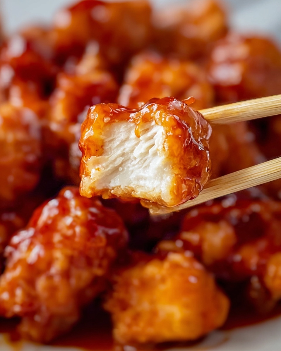 The image shows many small pieces of fried chicken covered in a shiny, thick red-orange sauce. One piece is held by two wooden chopsticks in the center, showing its inside which is white and tender. The chicken pieces have a slightly bumpy texture from the fried coating, all soaked with the sauce that looks sticky and glossy. The background is softly blurred but filled with more chicken pieces, highlighting the main piece in focus, all placed on a white marbled surface. Photo taken with an iphone --ar 4:5 --v 7