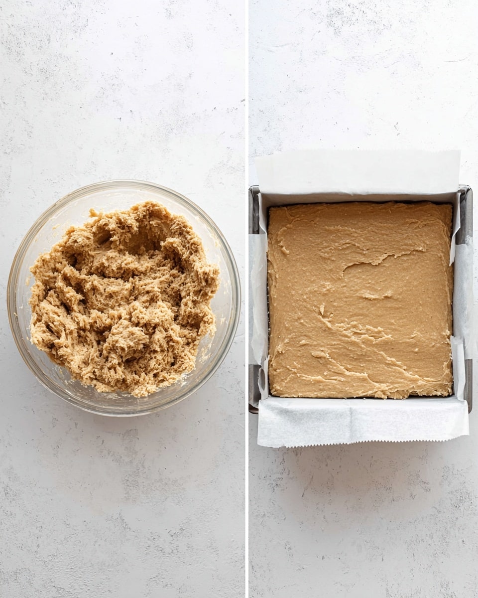 The image shows two views side by side on a white marbled surface: on the left, a clear glass bowl filled with light brown, rough textured dough that is thick and clumpy; on the right, a square baking pan lined with white parchment paper holding the same dough spread evenly to cover the whole bottom with a flat but slightly uneven surface texture, light brown in color. photo taken with an iphone --ar 4:5 --v 7