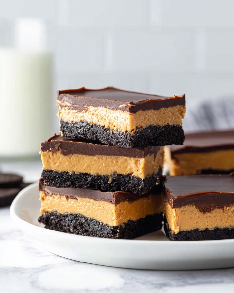 The image shows five layered dessert bars stacked on a white plate. Each bar has three layers: a thick bottom layer of dark, crumbly cookie crust, a middle layer of creamy peanut butter filling in a light brown color, and a thin top layer of smooth, shiny dark chocolate. The bars are neatly cut into rectangular shapes, and the texture of the peanut butter filling looks soft but firm. In the background, there is a blurred glass of milk, and the surface beneath the plate has a white marbled texture. photo taken with an iphone --ar 4:5 --v 7