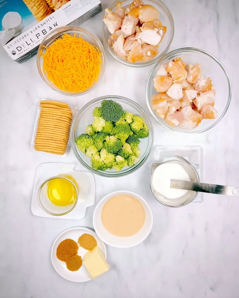The image shows a white marbled surface with several clear glass bowls and white dishes arranged in a loose circle holding different ingredients. At the top right, a clear glass bowl is filled with small raw chicken pieces, and next to it on the right side, a metal measuring cup holds thick white cream. Below the chicken, a larger clear glass bowl contains bright green broccoli florets. To the left, an open white container stands with orange shredded cheese inside. Next to the cheese, there is a small metal cup with a yellow liquid, likely melted butter. In the middle bottom, a small white round plate holds yellow and brown powdered spices. A small white bowl with a creamy beige sauce is just above the spices. On the far left, a cylindrical package of round crackers is resting vertically against the surface. The whole scene is bright, clean, and well-lighted with a woman's hand not visible in the frame photo taken with an iphone --ar 4:5 --v 7