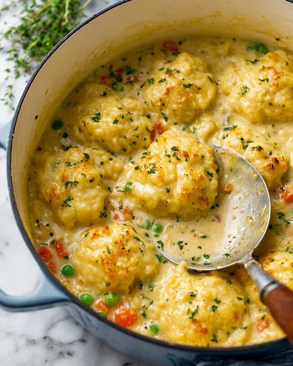 The image shows a large white enamel pot filled with a thick, creamy stew. On top, there are about nine golden yellow dumplings with a soft, slightly bumpy texture, sprinkled with small green herb pieces. Below the dumplings, the creamy sauce has visible small chunks of orange carrots and green peas. A silver spoon with a wooden handle is placed inside the pot, resting on the right side, and the background features a white marbled surface with blurred green herbs. Photo taken with an iphone --ar 4:5 --v 7