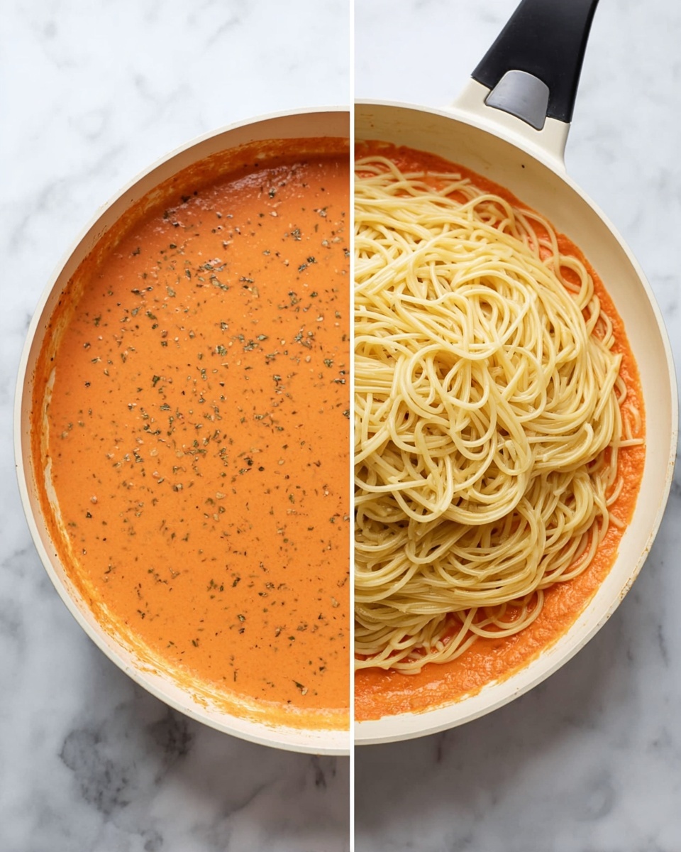 A white pan with a black handle sits on a white marbled surface, filled halfway with thick orange sauce speckled with herbs, showing a smooth texture that covers the bottom and rises slightly on the sides. Next to it, the same pan shows a new layer of cooked spaghetti added on top of the sauce, with the spaghetti forming a tangled heap of pale yellow strands resting in the middle of the orange sauce. Photo taken with an iphone --ar 4:5 --v 7