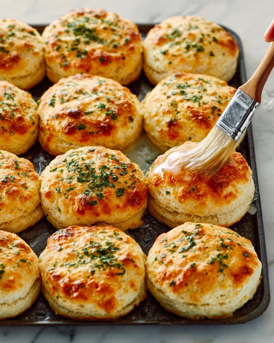 The image shows a close-up of a tray filled with twelve round biscuits that have a golden-brown top crust sprinkled with finely chopped green herbs. Each biscuit has a slightly cracked texture on the surface, revealing a soft and fluffy inside. A woman's hand holds a brush applying a shiny glaze to one of the biscuits, adding a moist sheen to its top. The tray has a dark color, contrasting with the warm biscuit tones, set on a white marbled surface. photo taken with an iphone --ar 4:5 --v 7